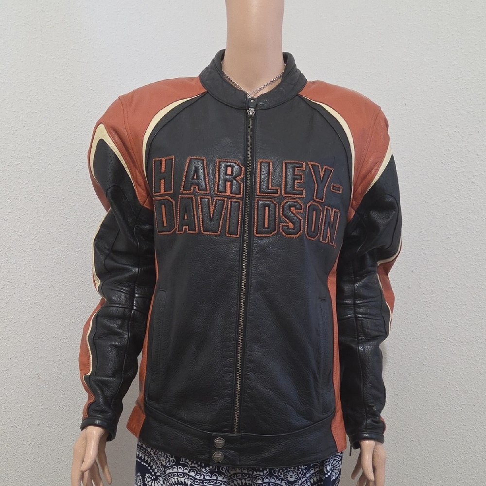 Harley-Davidson Black, White, and Orange Motorcycle Jacket